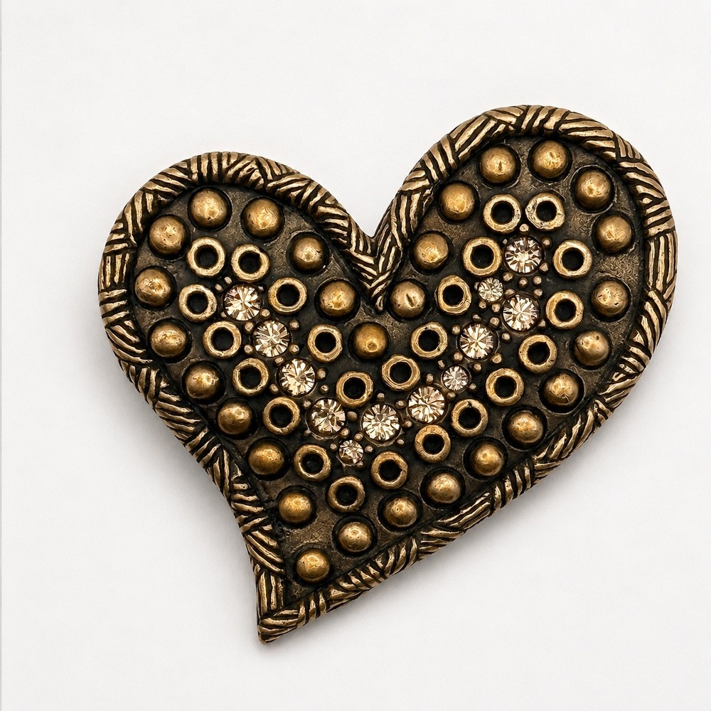 Chico's 2007 AHA Heart Brooch Antique Gold Tone Rhinestone Studded Pin Vintage